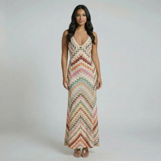 Multicolor chevron maxi dress with deep V-neckline — front view showcasing the full flowing silhouette.