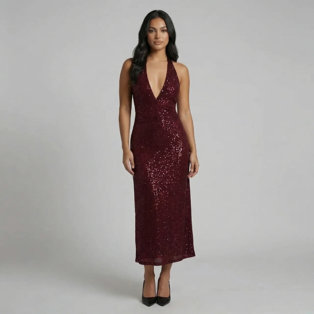 Red sequin midi dress with halter neckline and deep V front — front view.