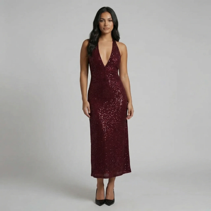 Red sequin midi dress with halter neckline and deep V front — front view.