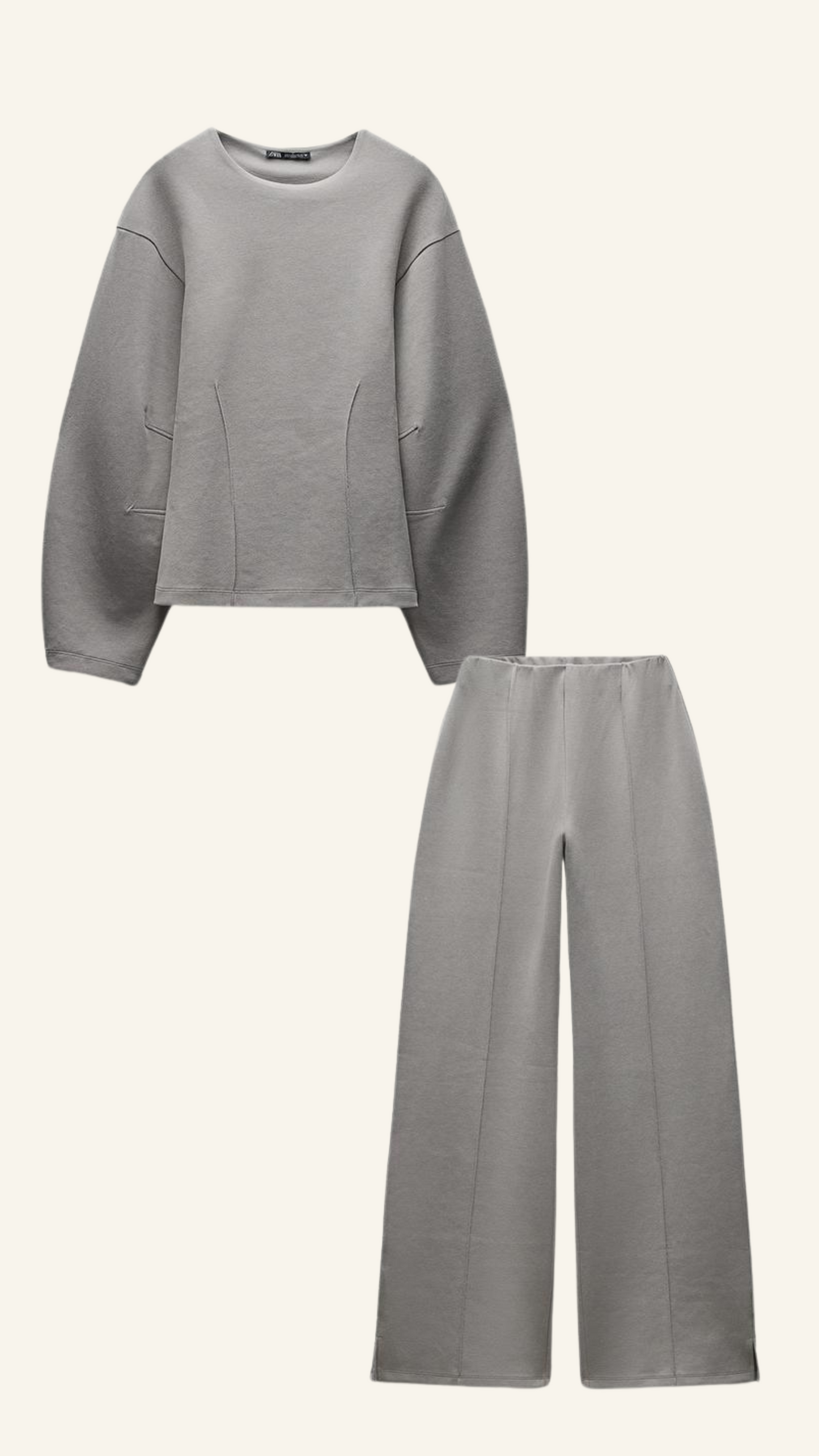 Women gray crew-neck draped set, side view