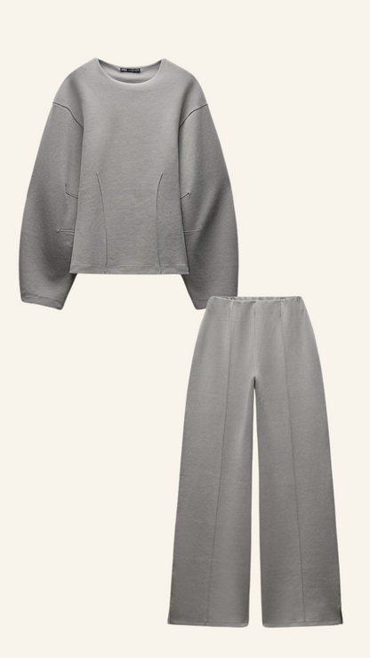 Women gray crew-neck draped set, side view