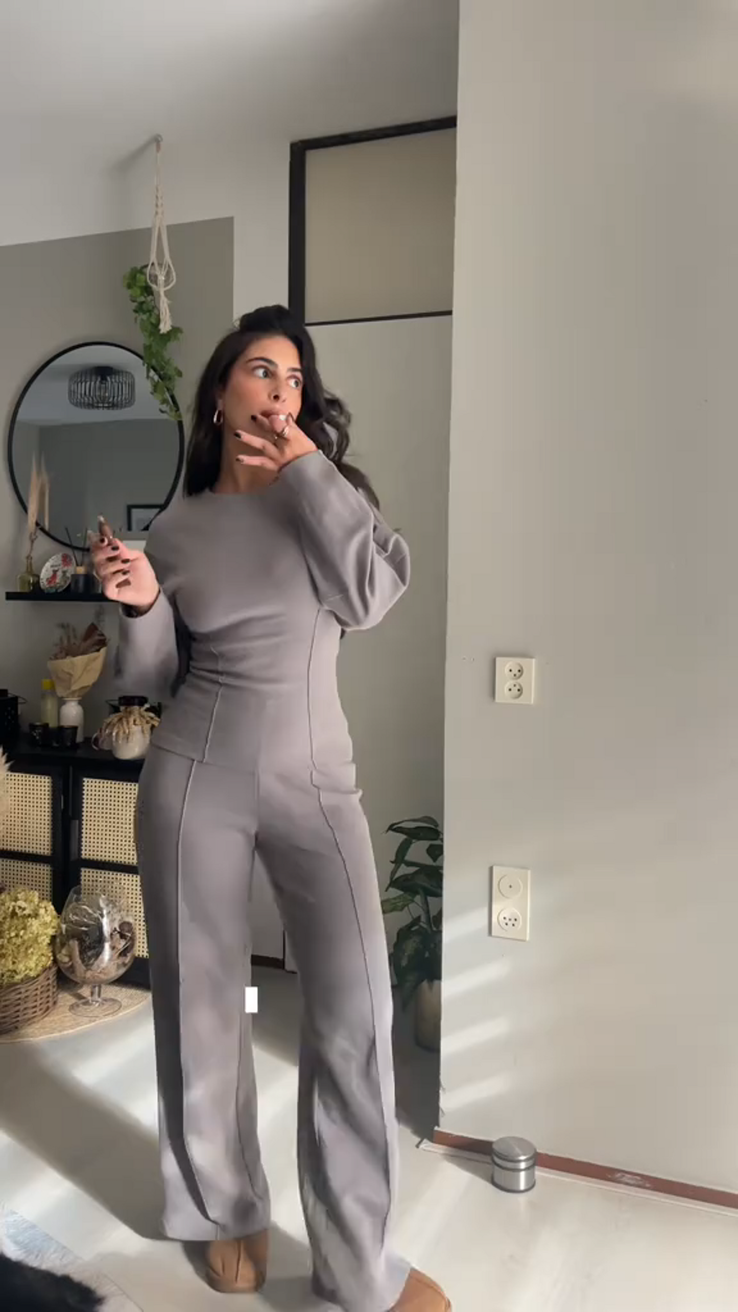 Women off-white crew-neck draped set, back view