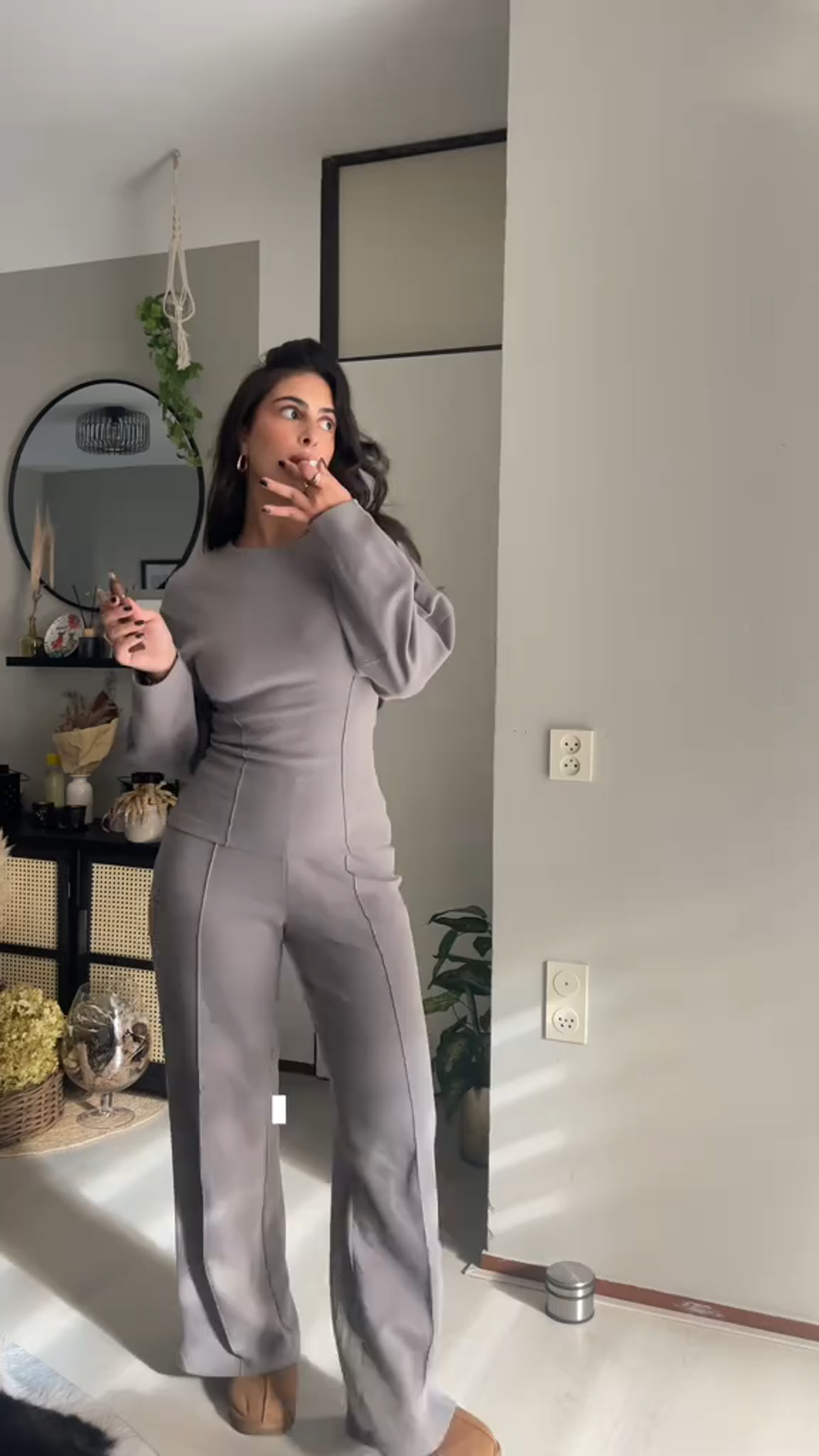 Women off-white crew-neck draped set, back view