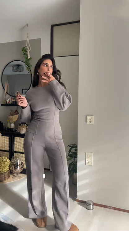 Women off-white crew-neck draped set, back view
