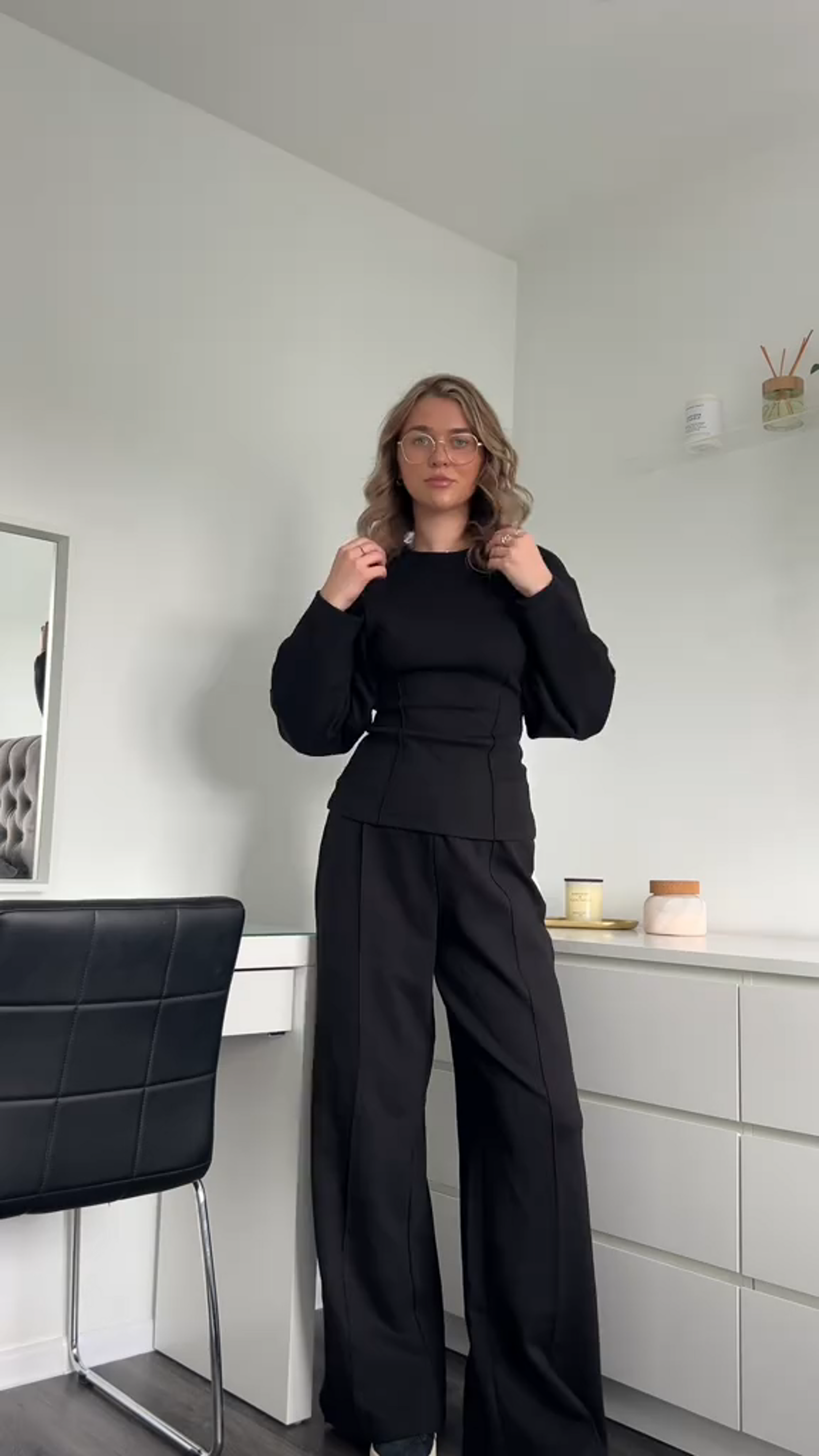 Women crew-neck draped set, front view