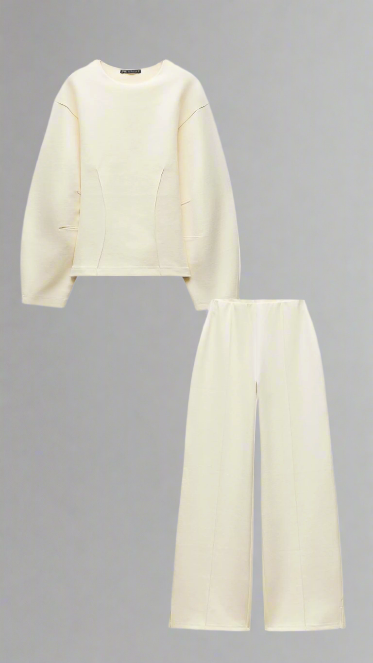 Women off-white crew-neck draped set, front view