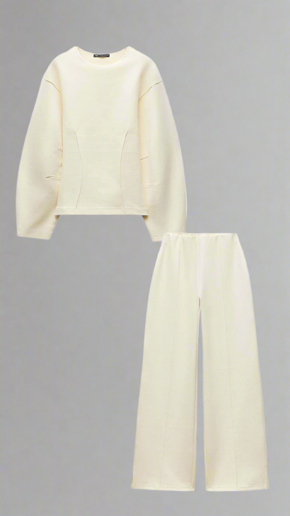 Women off-white crew-neck draped set, front view