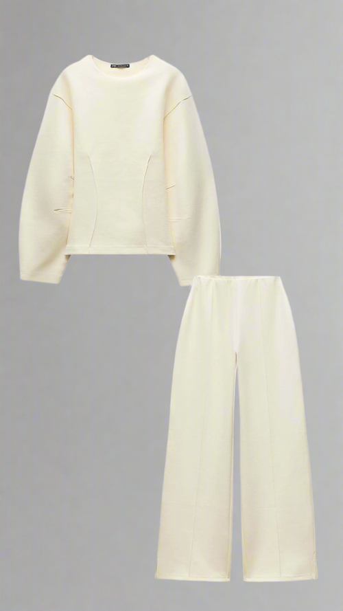 Women off-white crew-neck draped set, front view