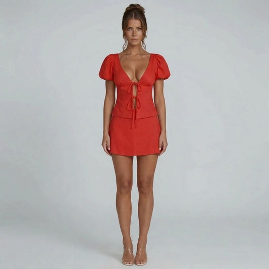 Red puff sleeve top with A-line mini skirt set — full front view.