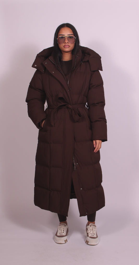 Women brown hooded puff coat, front view