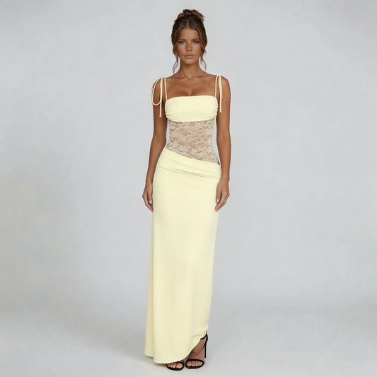 Cream maxi dress with lace corset bodice and tie shoulder straps — front view