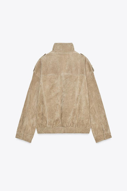 Women stand-collar solid jacket, detail close-up