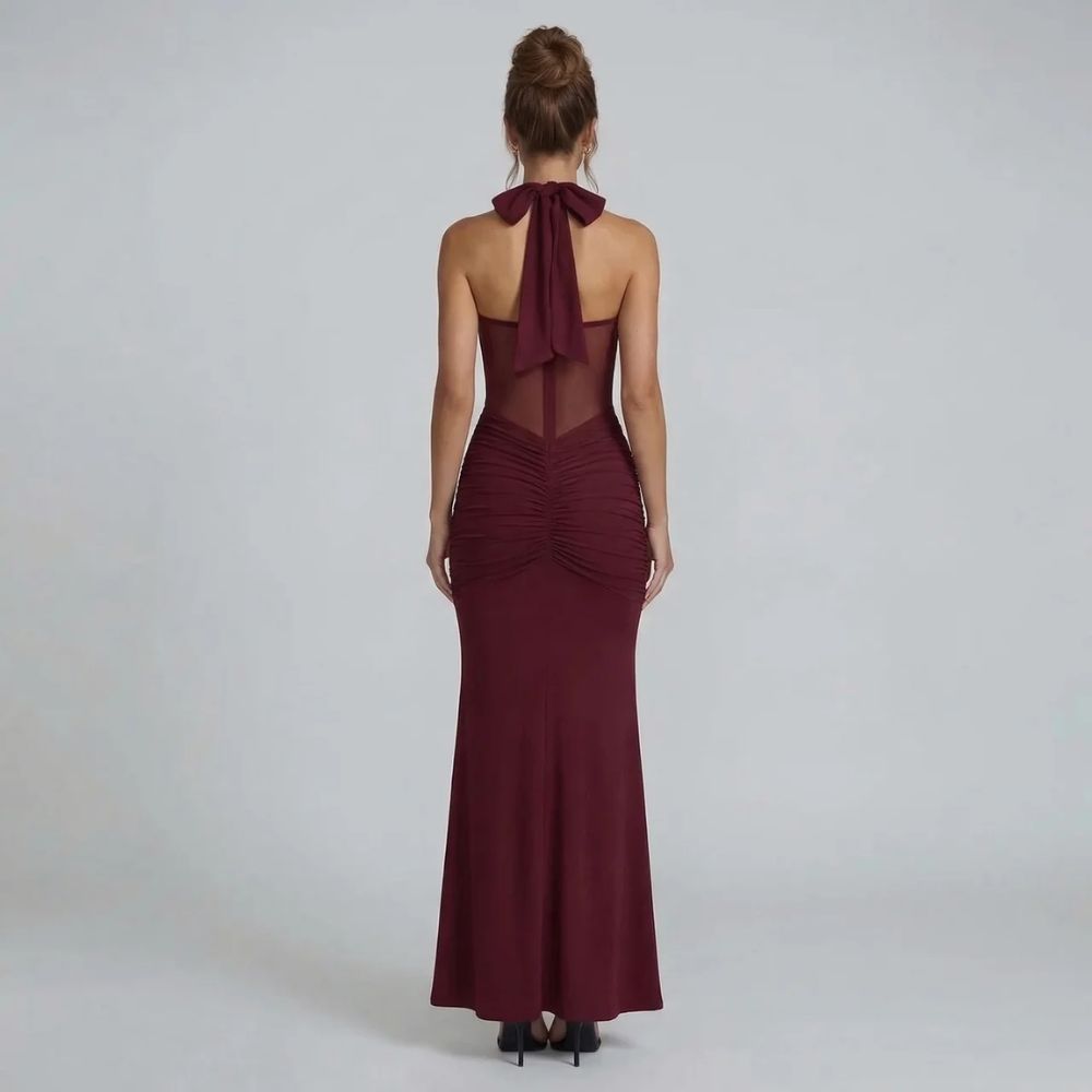 Burgundy halter ruched maxi dress — back view showcasing adjustable tie and ruched detailing