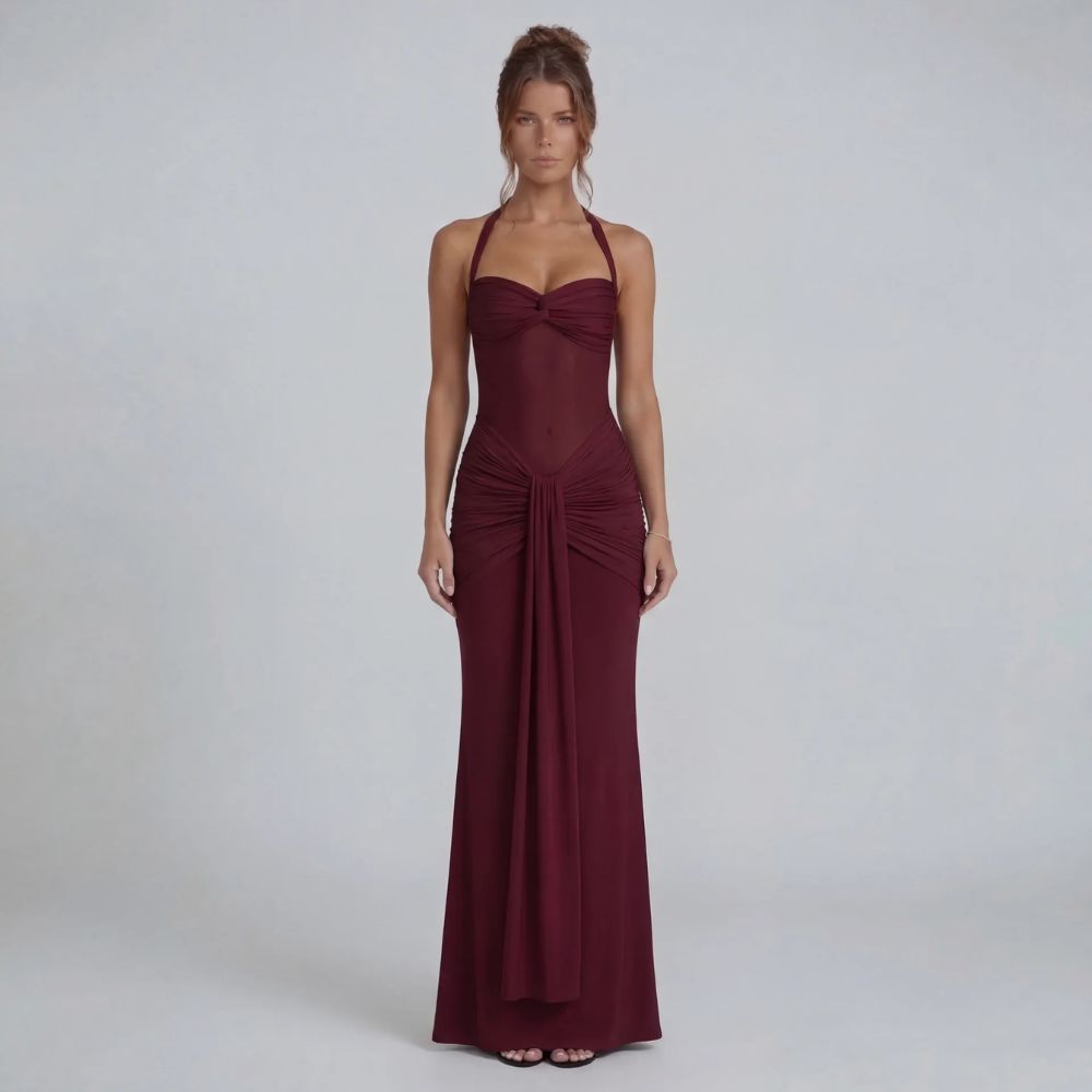 Burgundy halter ruched maxi dress — front view with twist sweetheart neckline and sheer bodice
