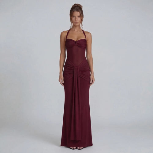 Burgundy halter ruched maxi dress — front view with twist sweetheart neckline and sheer bodice