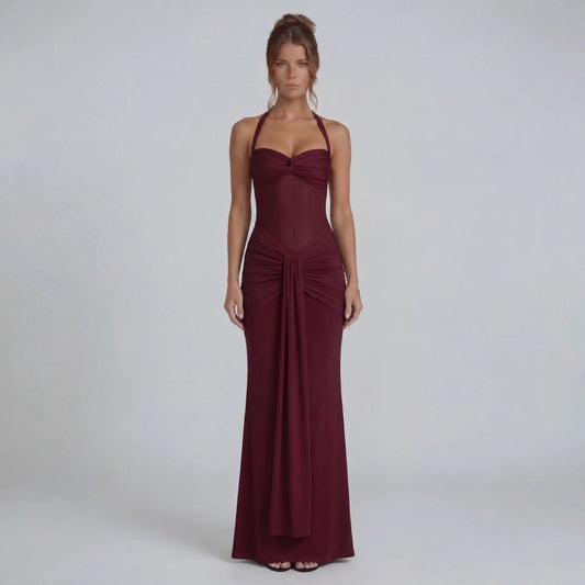Burgundy halter ruched maxi dress — front view with twist sweetheart neckline and sheer bodice