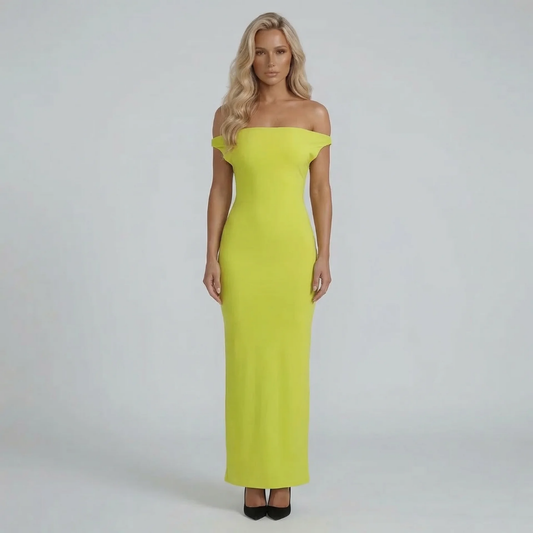 Green ruched maxi dress with off-shoulder neckline and braided strap — front view showcasing elegant silhouette.