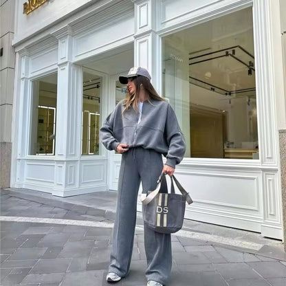 Women gray stand-collar set, side