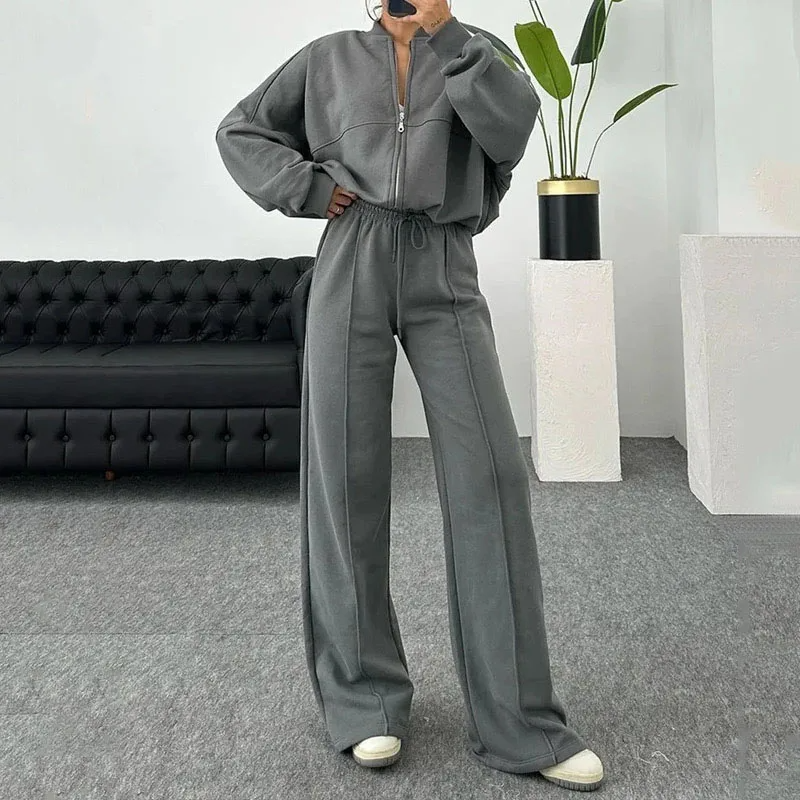 Women beige stand-collar set, side view