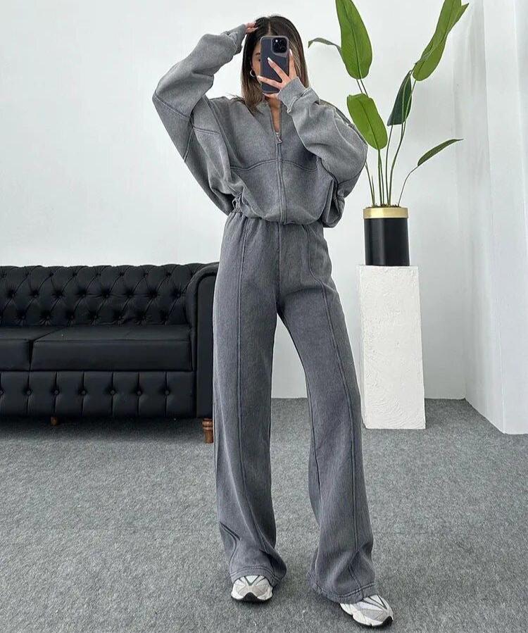 Women gray stand-collar set, front view