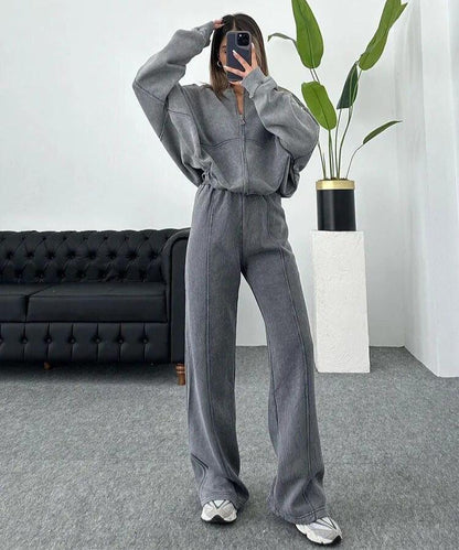Women gray stand-collar set, front view