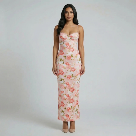 Pink floral maxi dress with spaghetti straps and sweetheart neckline — full front view.