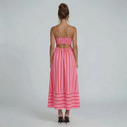 Pink striped maxi dress with smocked back and open-back detail — back view showcasing cutout design.