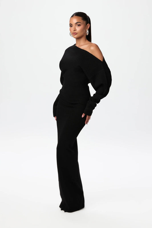 Women black one-shoulder maxi dress, front view