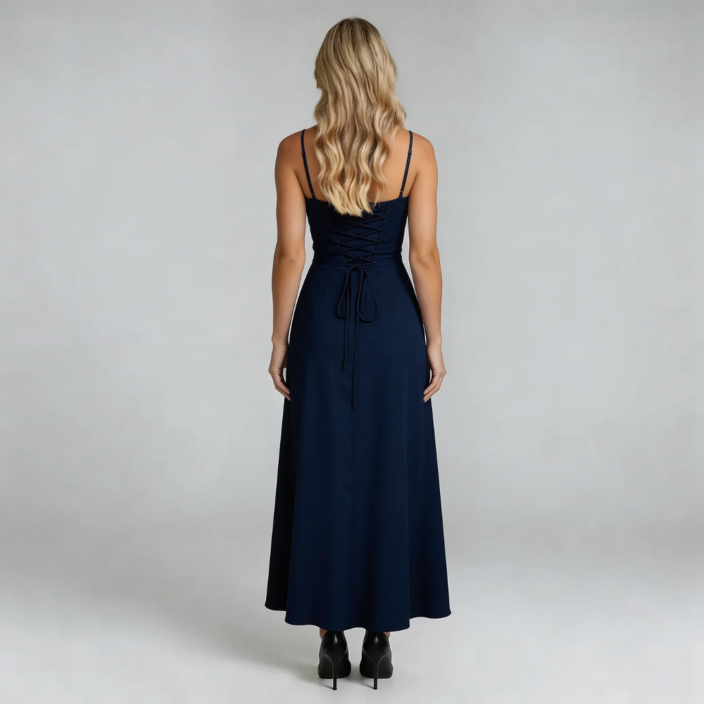 Navy lace-up maxi dress — back view showing lace-up detail and elegant drape.