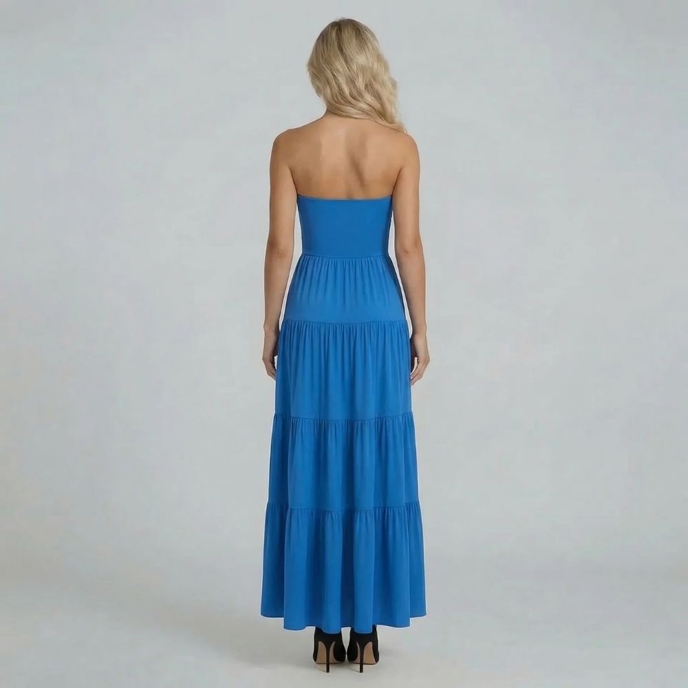 Blue ruched maxi dress with tiered skirt — back view showcasing straight back band.