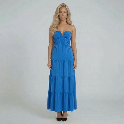Blue ruched maxi dress with tiered skirt — front view highlighting strapless neckline.