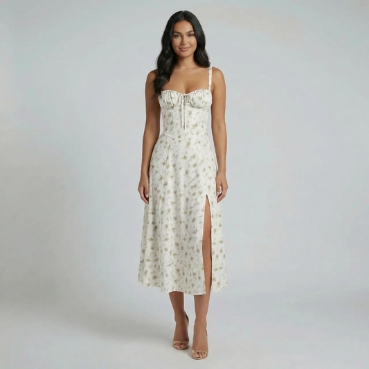 White floral corset midi dress with sweetheart neckline and front slit — full front view.