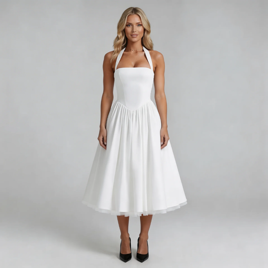 White corset halter midi dress with layered skirt — front view.