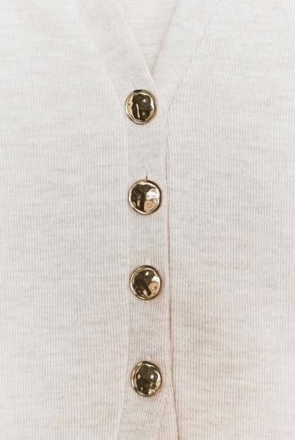 Women beige v neck set, close-up