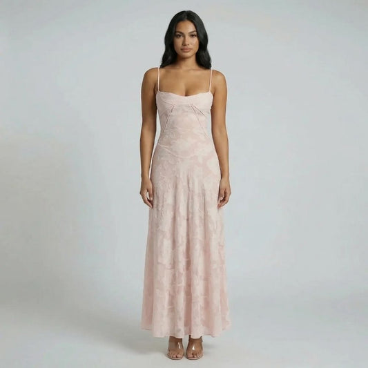 Blush floral maxi dress with sweetheart neckline and flowing skirt — front view