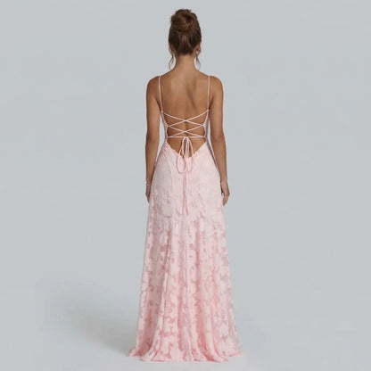 Pink floral lace maxi dress with lace-up adjustable back — back view showing open-back detail.