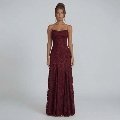 Red floral lace maxi dress with flowing skirt — styled front view.