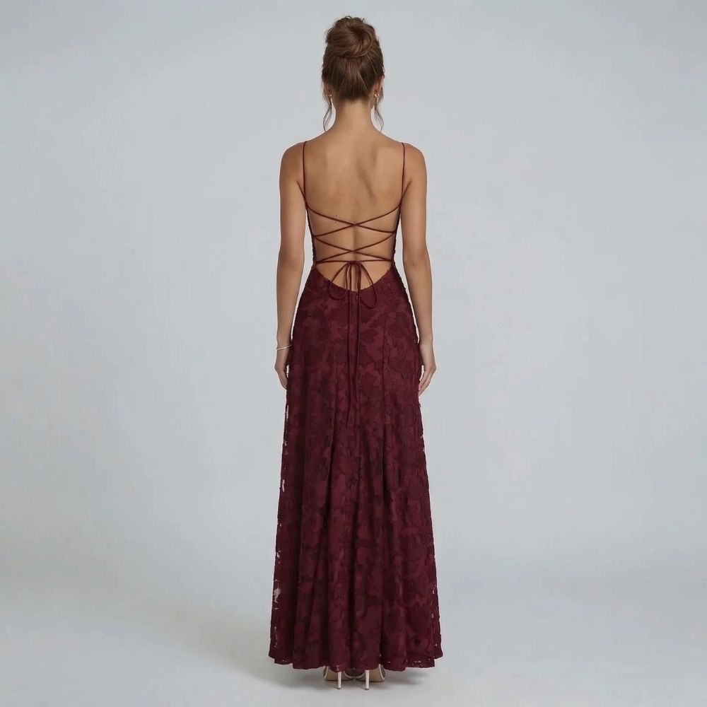 Red floral lace maxi dress with lace-up back — elegant back view of strappy detail.