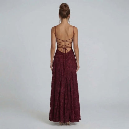 Red floral lace maxi dress with lace-up back — elegant back view of strappy detail.