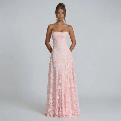 Pink floral lace maxi dress with spaghetti straps — front view highlighting straight neckline.