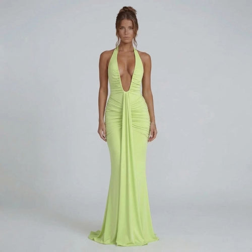 Sage ruched maxi dress with deep halter neckline — full front view showing ruching and drape detail.
