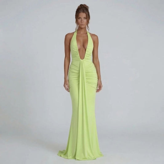 Sage ruched maxi dress with deep halter neckline — full front view showing ruching and drape detail.