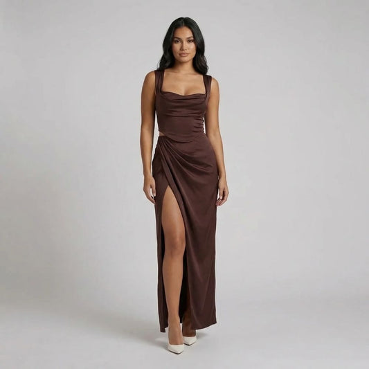Brown ruched maxi dress with draped neckline and front side slit — front view showing elegant fit.