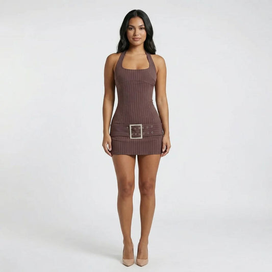 Brown pinstripe belted mini dress — front view with scooped neckline and eyelet belt detail