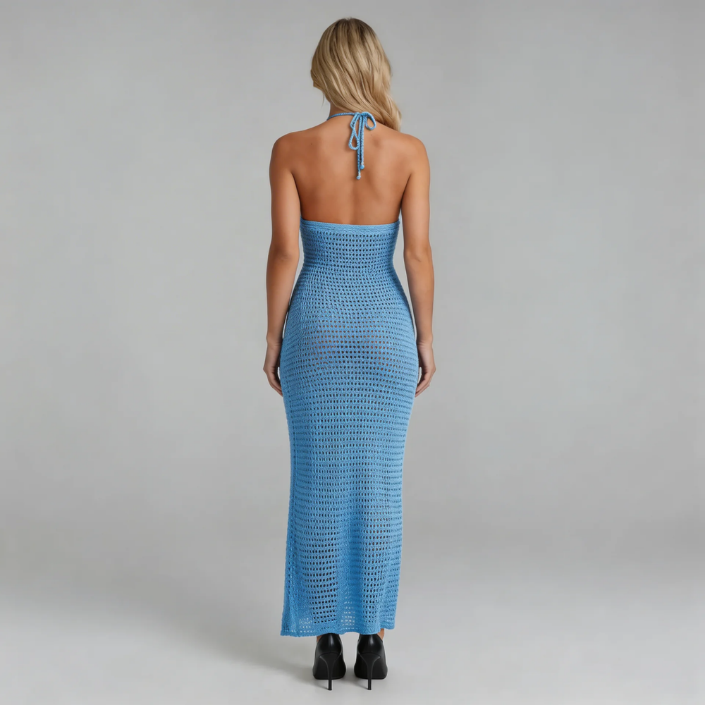 Blue halter maxi dress with breathable crochet texture, back view.