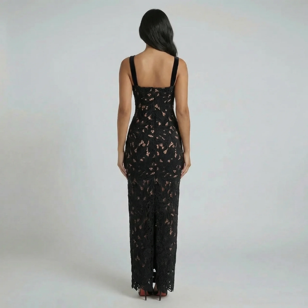 Black floral lace maxi dress—back view highlighting zipper closure and fitted bodice.