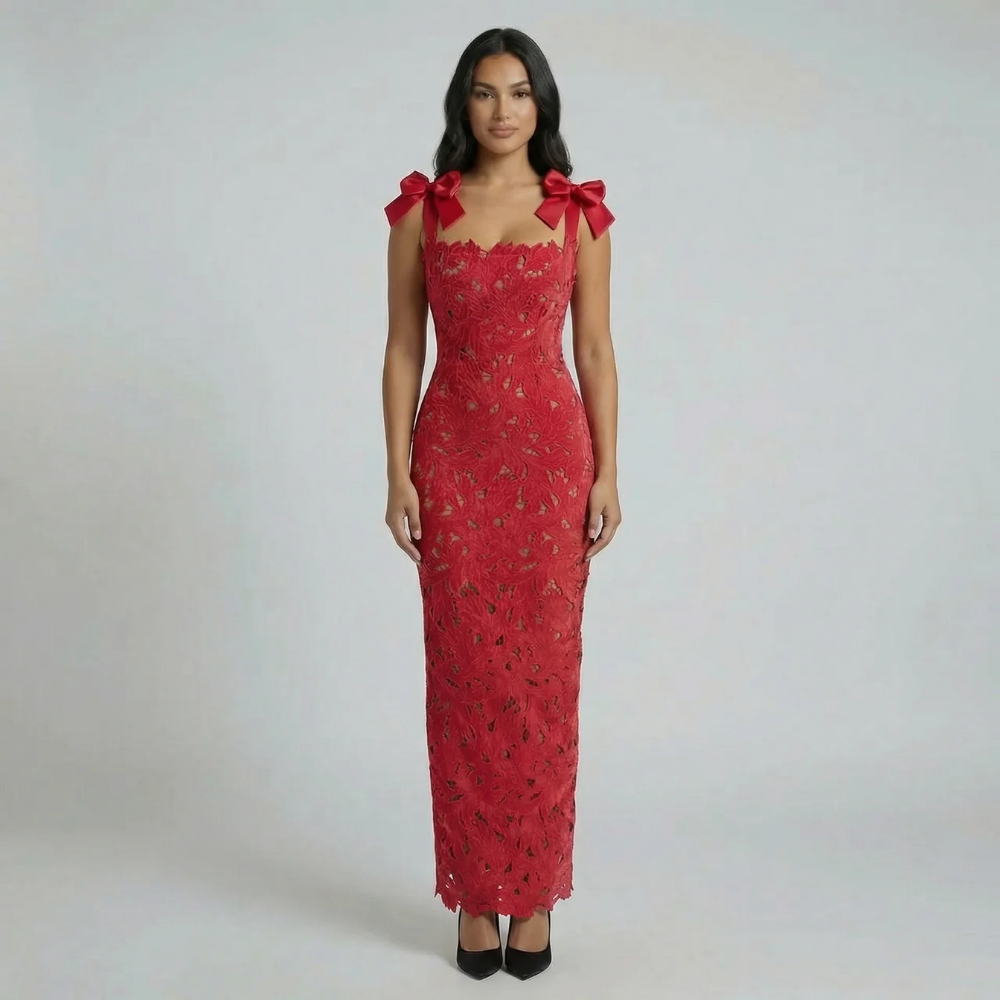 Red floral lace maxi dress with velvet bow straps—front view styled with black pumps.