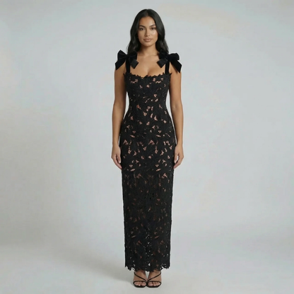 Black floral lace maxi dress with velvet bow straps—front view showing sweetheart neckline.