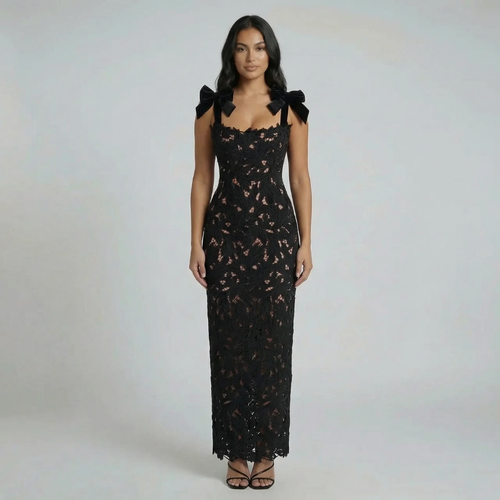 Black floral lace maxi dress with velvet bow straps—front view showing sweetheart neckline.