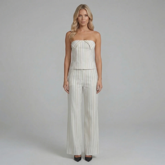 White striped wide-leg pants set with strapless corset-style top — worn front view.